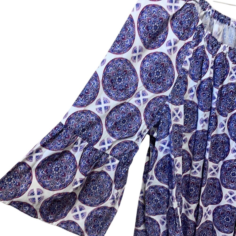 New Directions Curvy Womens 2X Blue Purple Medallion Boho Off Shoulder Bell‎ Top
